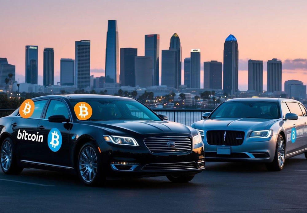 A sleek sedan and luxurious limousine parked in front of a San Diego skyline, with a digital Bitcoin logo displayed prominently on the vehicles