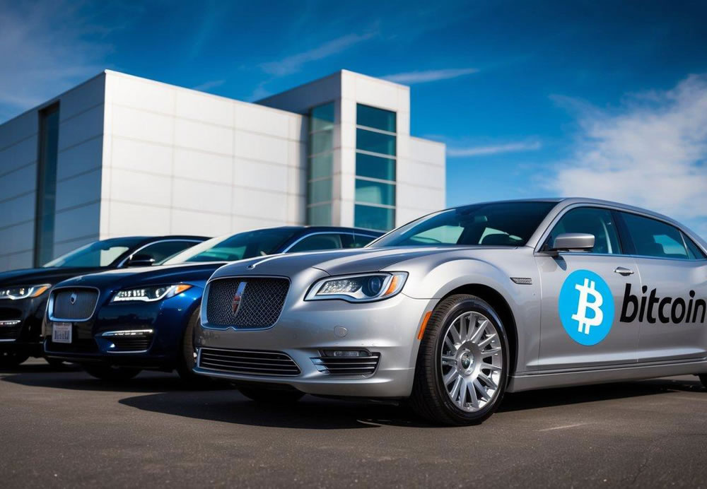 A sleek sedan and limousine parked in front of a modern building, with a Bitcoin logo displayed prominently on the side of the vehicle