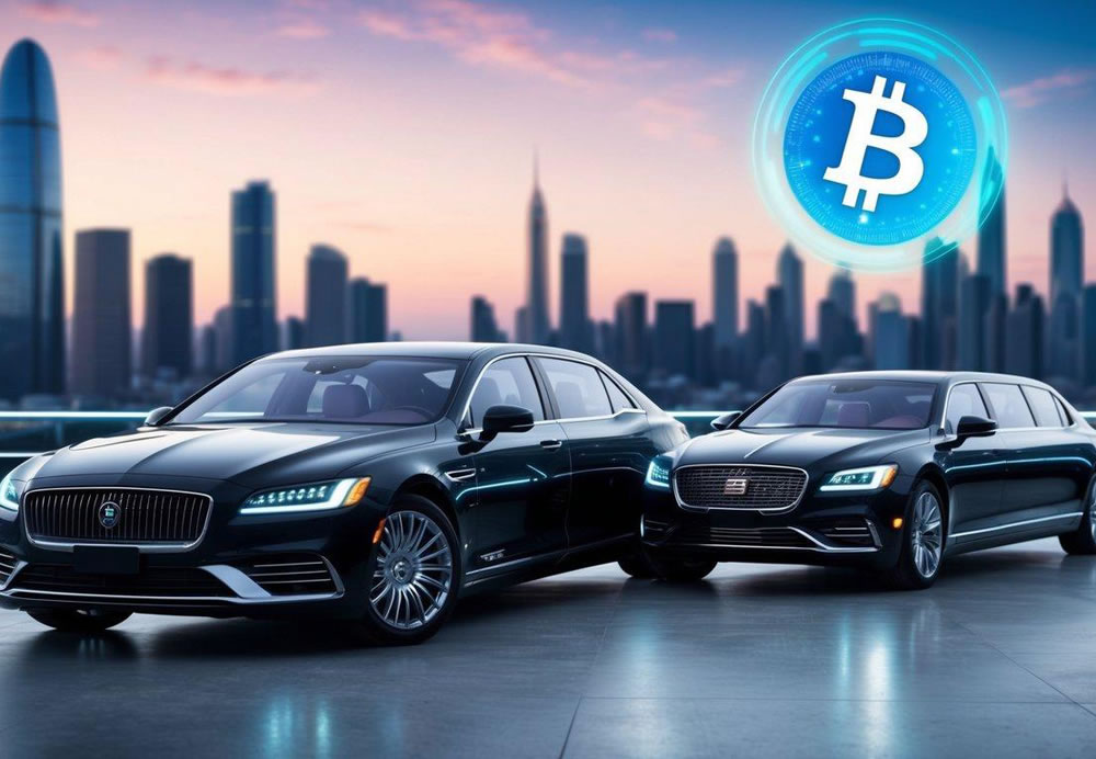 A sleek sedan and limousine parked in front of a futuristic city skyline, with a digital Bitcoin logo displayed prominently on the vehicle's payment terminal