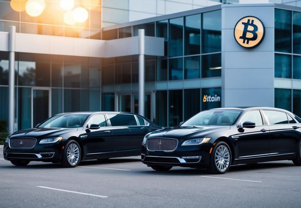 A sleek sedan and limousine parked outside a modern office building, with a Bitcoin logo displayed prominently on the payment terminal