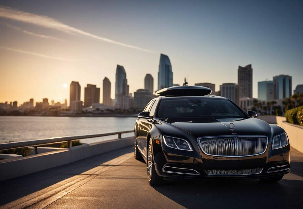 A sleek limousine and a stylish yacht sit against the backdrop of San Diego's iconic skyline, ready to transport guests to the city's top events